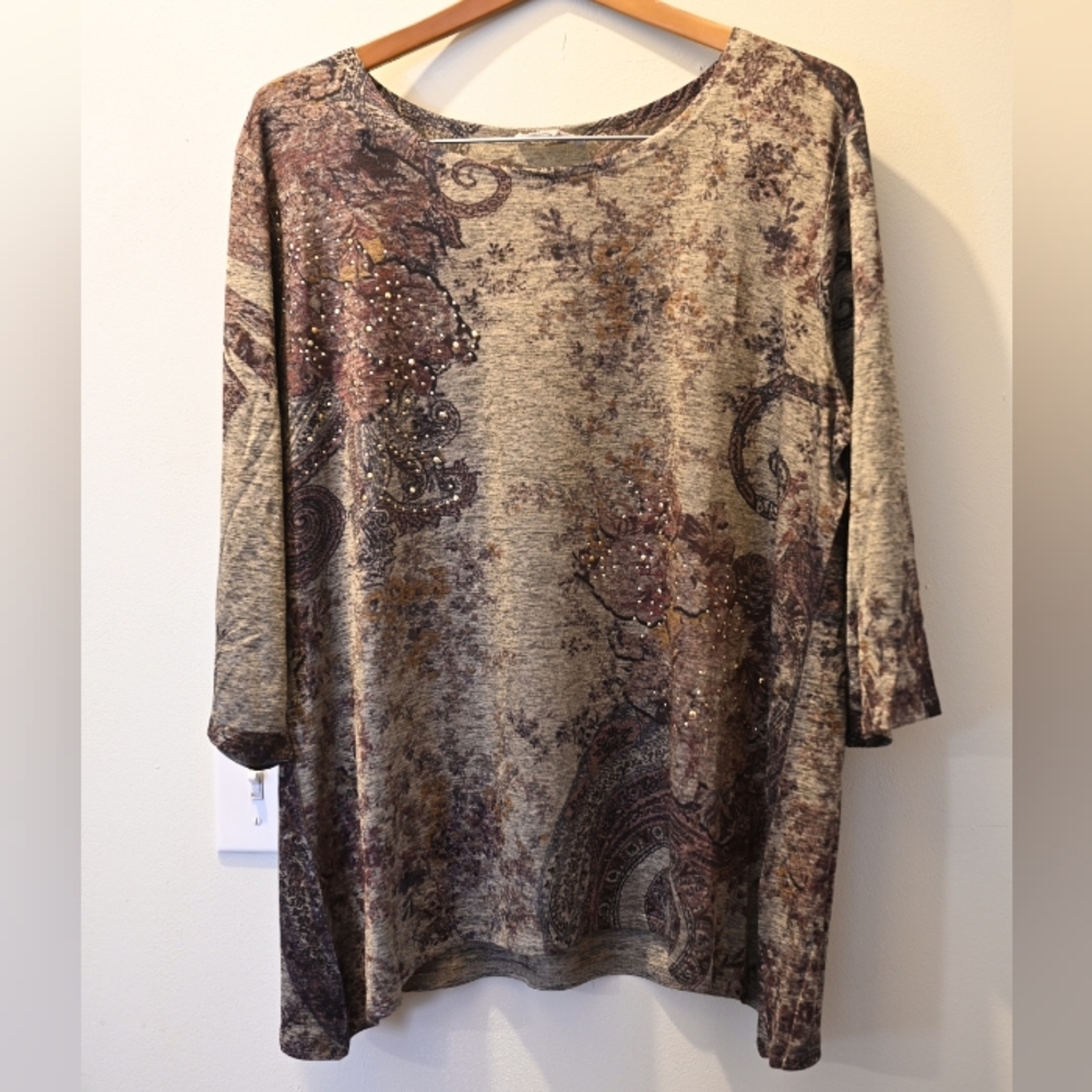 Studded Floral Paisley Shirt Top Blouse Grunge Indie 90s Plus Size 2X Artsy Gray